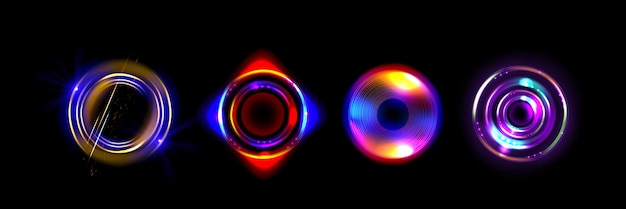 Набор круглых световых вспышек, изолированных на черном фоне Векторная реалистичная иллюстрация кругов радужного цвета с эффектом неонового свечения Радиальный энергетический вихрь Оптический гало портал Диско-декор