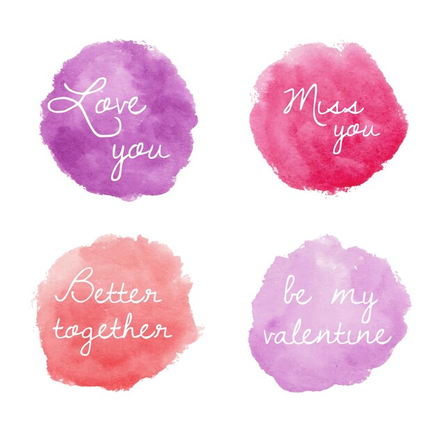 Set of round watercolor badges for Valentines in pink and purple