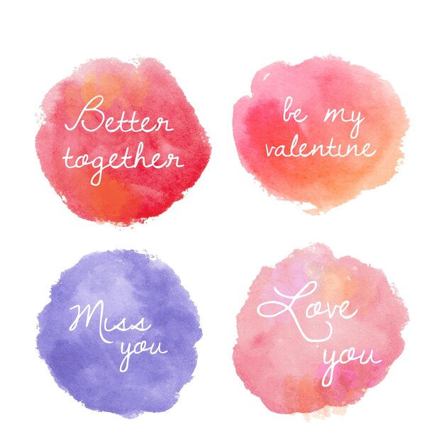 Free vector set of round watercolor badges for valentines in red, pink and purple