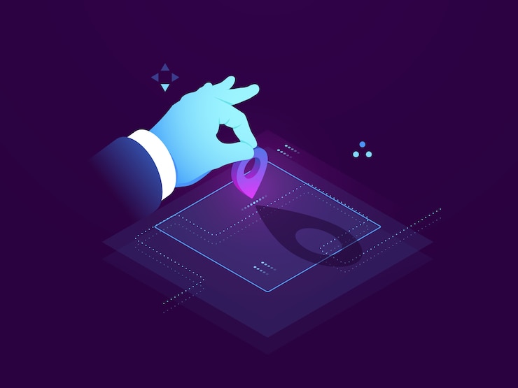 Free Vector set route, address destination, gps navigator pin blue color map, set a mark on map isometric view