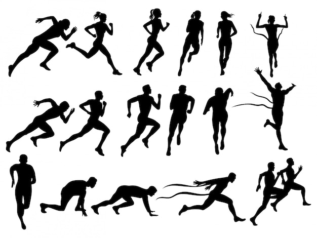 Set of running men and women. collection of silhouettes of running people.