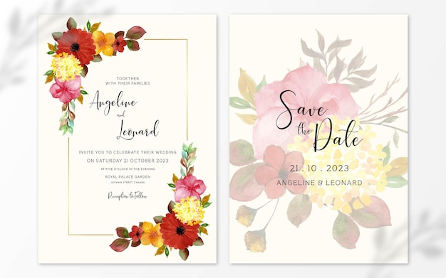 Set of Rustic Watercolor Floral Wedding Invitation With Colorful Flowers