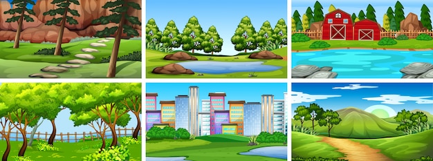 Free vector set of scenes in nature setting or backrgound