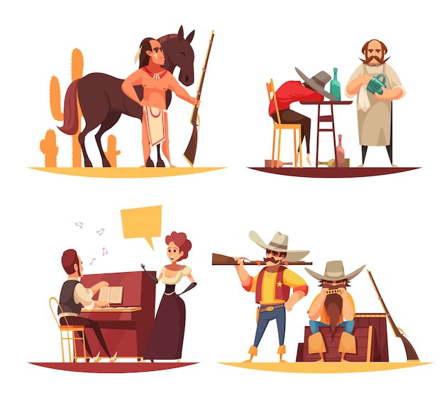 Free vector set of scenes in wild west with indians and cowboys