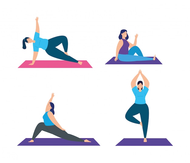 Free vector set scenes of women practicing yoga illustration design