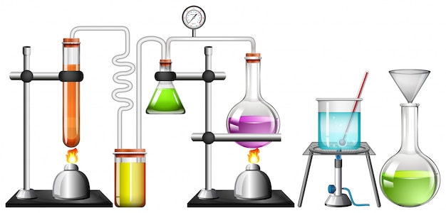 Set of science equipments on white