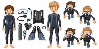 Free vector set of scuba diving cartoon character and diving tools