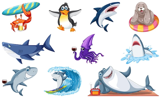 Vettore gratuito set di personaggi dei cartoni animati di animali marini