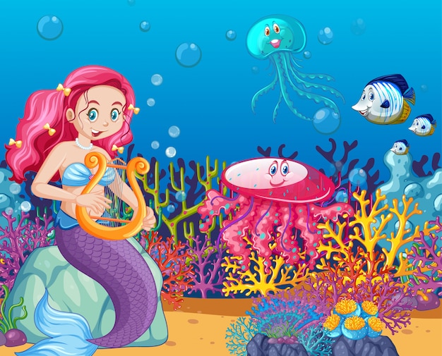 Set of sea animals and mermaid cartoon style on sea background