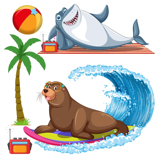 Free vector set of sea creatures cartoon character in summer