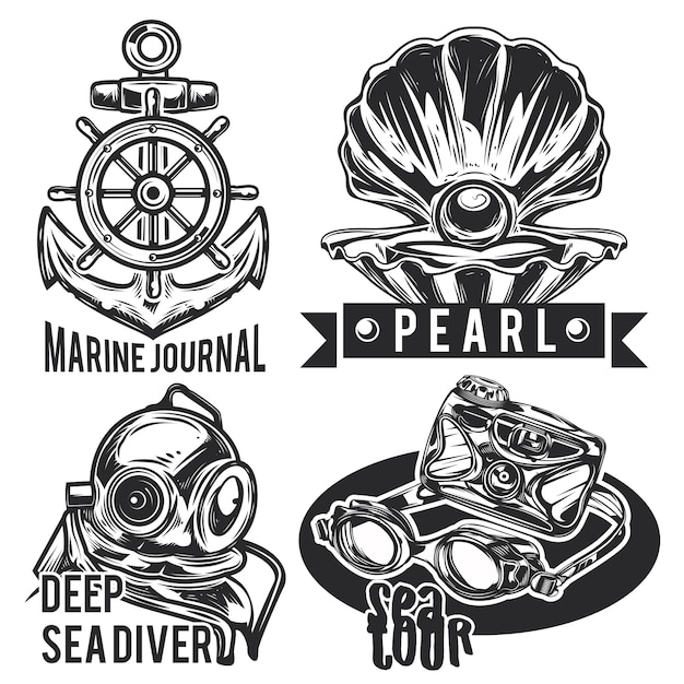 Free vector set of sea emblems, labels, badges, logos.