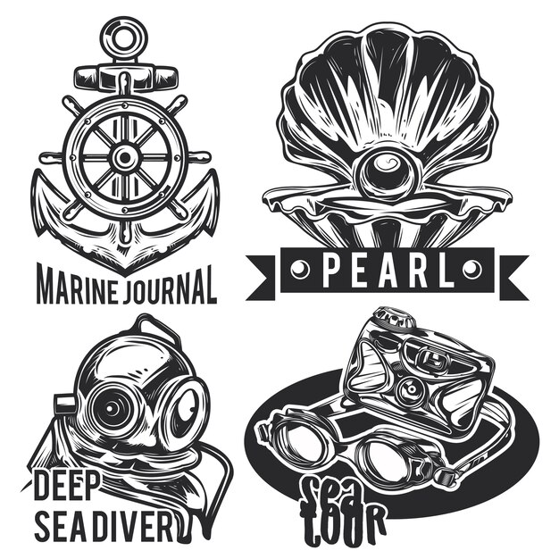 Set of sea emblems, labels, badges, logos.