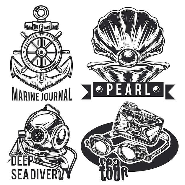 Набор морских эмблем, этикеток, значков, логотипов.