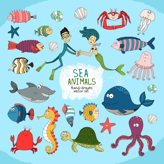 Set sea life hand-drawn cartoon