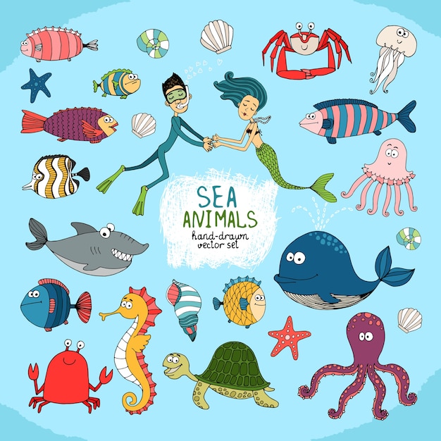 Набор рисованной мультфильм морской жизни
