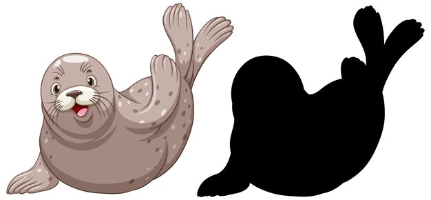 Set of seal characters and its silhouette on white background