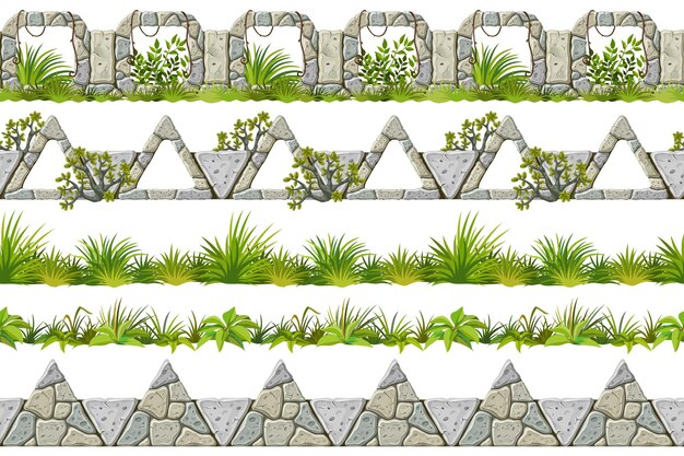 シームレスな境界線の古い灰色の岩と草のセット葉とベクトル石の歩道