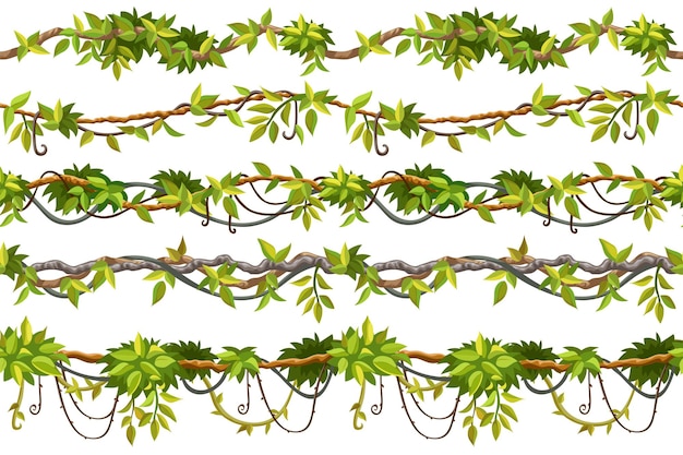 Set di rami di liana con bordi senza cuciture, foglie tropicali. elementi dei cartoni animati del gioco della giungla rampicante