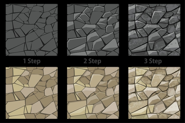 Set di disegno passo dopo passo pietra senza giunte di struttura.