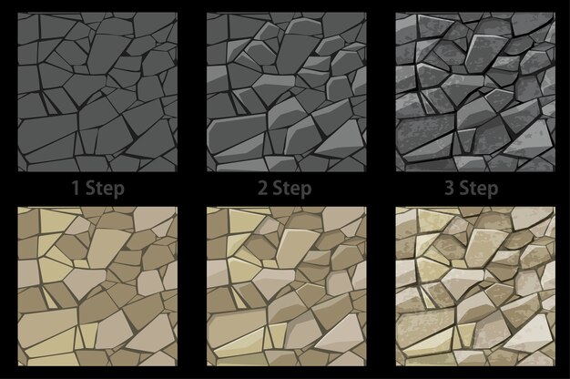 Set of seamless texture stone step by step drawing.