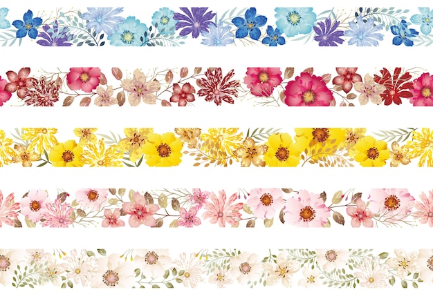 Free vector set of seamless watercolor floral borders isolated on a white background. horizontally repeatable.