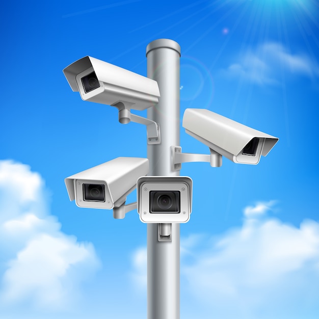 Free vector set of security cameras on pillar realistic composition on blue sky  with clouds