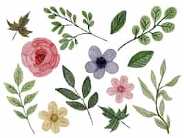 Free vector set of separate parts and bring together to beautiful bouquet of flowers in water colors style on white background flat vector illustration
