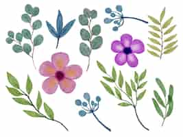 Free vector set of separate parts and bring together to beautiful bouquet of flowers in water colors style on white background flat vector illustration