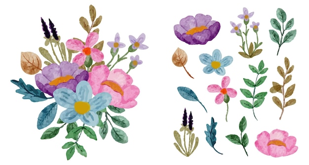 Set of Separate parts and bring together to beautiful bouquet of flowers in water colors style on white background flat vector illustration