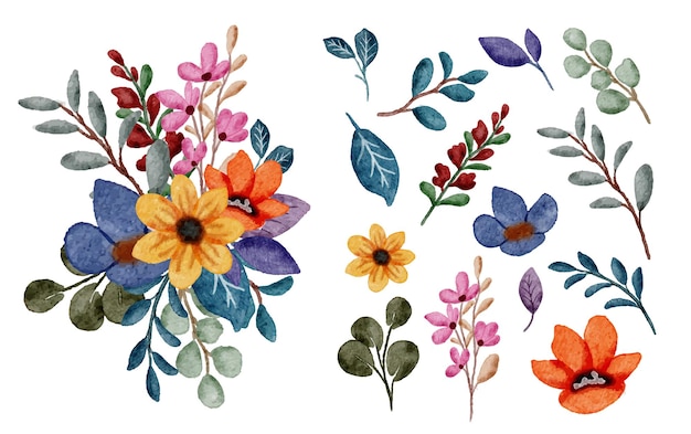 Set of Separate parts and bring together to beautiful bouquet of flowers in water colors style on white background flat vector illustration