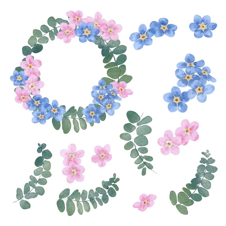 Free Vector set of separate parts and bring together to beautiful bouquet of flowers in water colors style on white background flat vector illustration