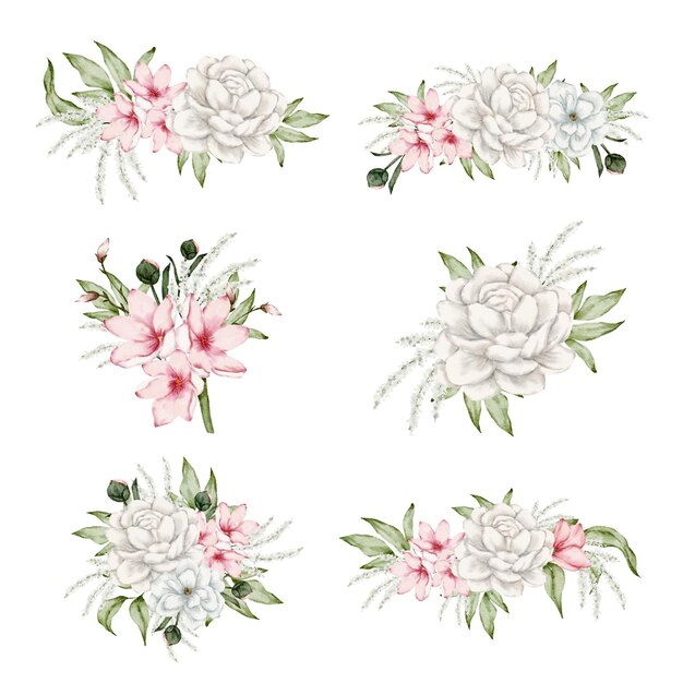 Set of Separate parts and bring together to beautiful bouquet of flowers in water colors style on white background vector illustration