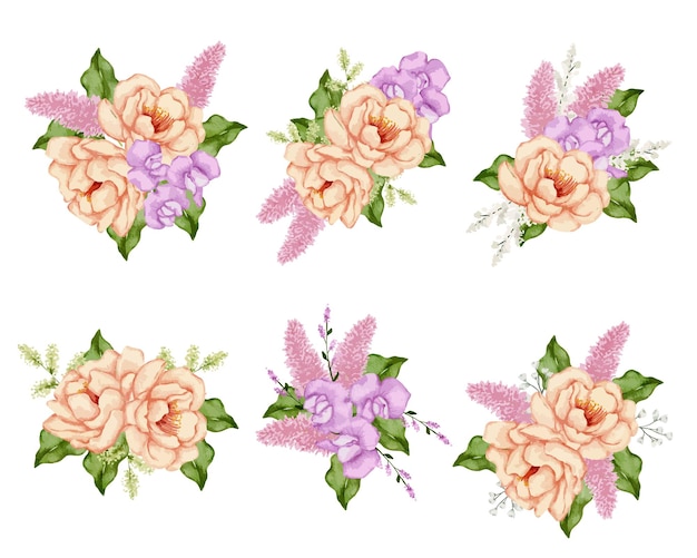 Free vector set of separate parts and bring together to beautiful bouquet of flowers in water colors style on white background vector illustration