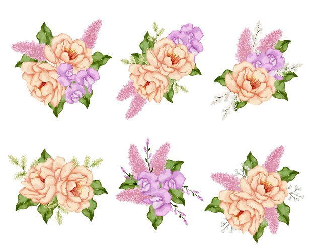 Set of Separate parts and bring together to beautiful bouquet of flowers in water colors style on white background vector illustration