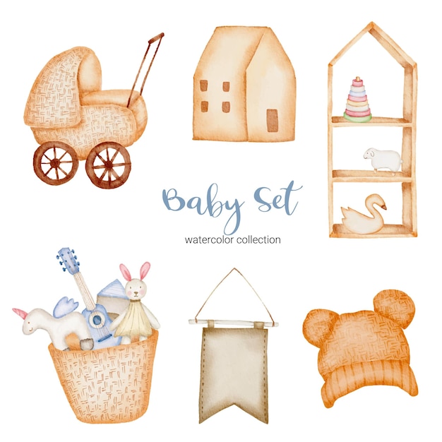 Set of Separate parts and bring together to beautiful clothes, baby items and toy in water colors style , Watercolor  illustration