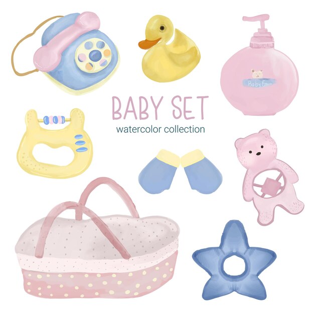 Set of Separate parts and bring together to beautiful clothes baby items and toy in water colors style on white background Watercolor vector illustration