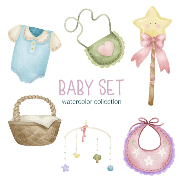 Set of Separate parts and bring together to beautiful clothes baby items and toy in water colors style on white background Watercolor vector illustration