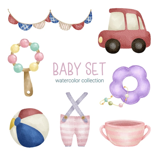 Free vector set of separate parts and bring together to beautiful clothes baby items and toy in water colors style on white background watercolor vector illustration