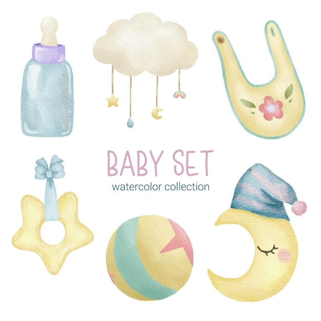 別々のパーツのセットと白い背景の上の水の色のスタイルで美しい服の赤ちゃんのアイテムやおもちゃにまとめる水彩ベクトルイラスト