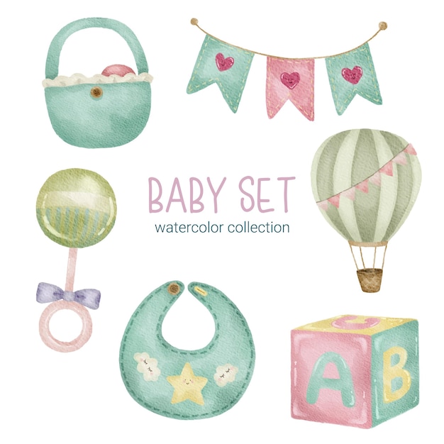 Set of Separate parts and bring together to beautiful clothes baby items and toy in water colors style on white background Watercolor vector illustration