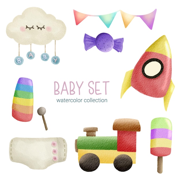 Free vector set of separate parts and bring together to beautiful clothes baby items and toy in water colors style on white background watercolor vector illustration