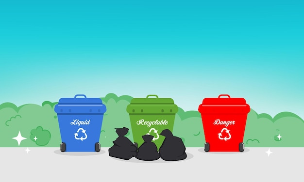 Set of separation garbage bins in cartoon style. Trash types segregation recycling concept.