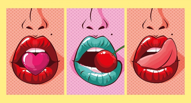 Set of sexy woman mouths pop art style