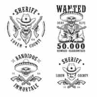 Free vector set of sheriff and bandit emblems, labels, badges, logos and mascots. monochrome style.