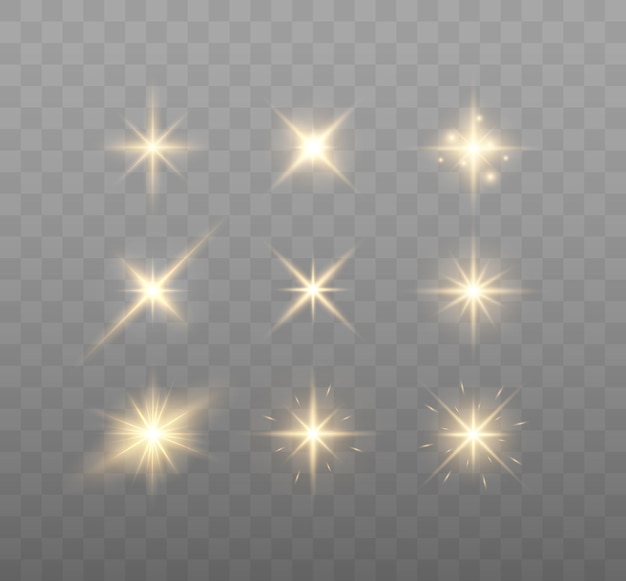 Set of shining sparkles and lens flares glowing lights isolated on transparent background vector ill... Premium Vector