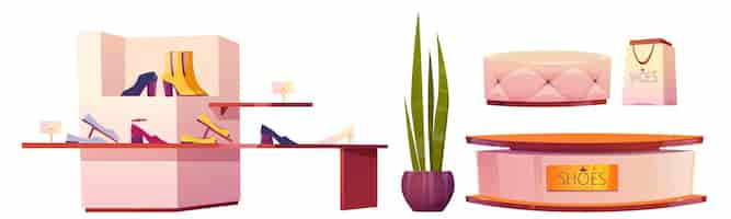 Free vector set of shoes store production, shop furniture