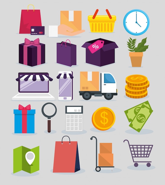 Free vector set shopping online with delivery service location