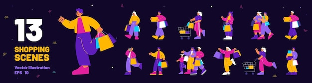 Free vector set of shopping scenes with people with bags