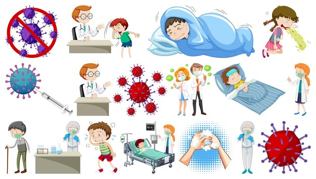 Set of sick people with different symptoms