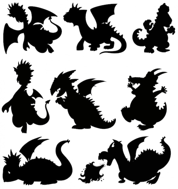 Set silhouette dragon on white background